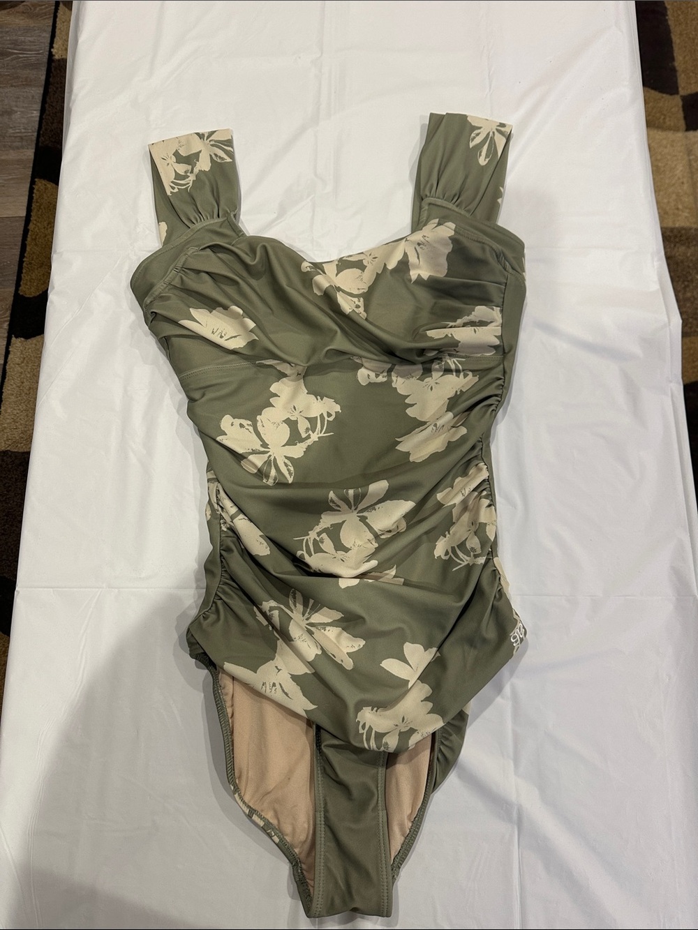 Womans Olive Floral One-Piece Swimwear with Wide Straps